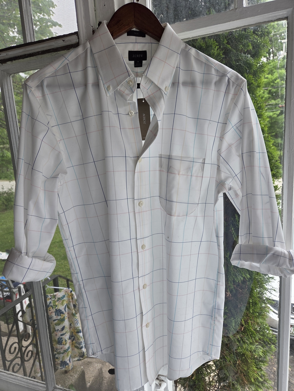J. Crew White Button-Down Shirt with Blue and Pale Pink Windowpane